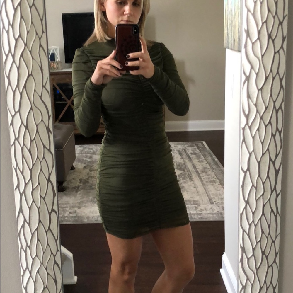 Fashionnova Olive Green Ruched Mini Dress